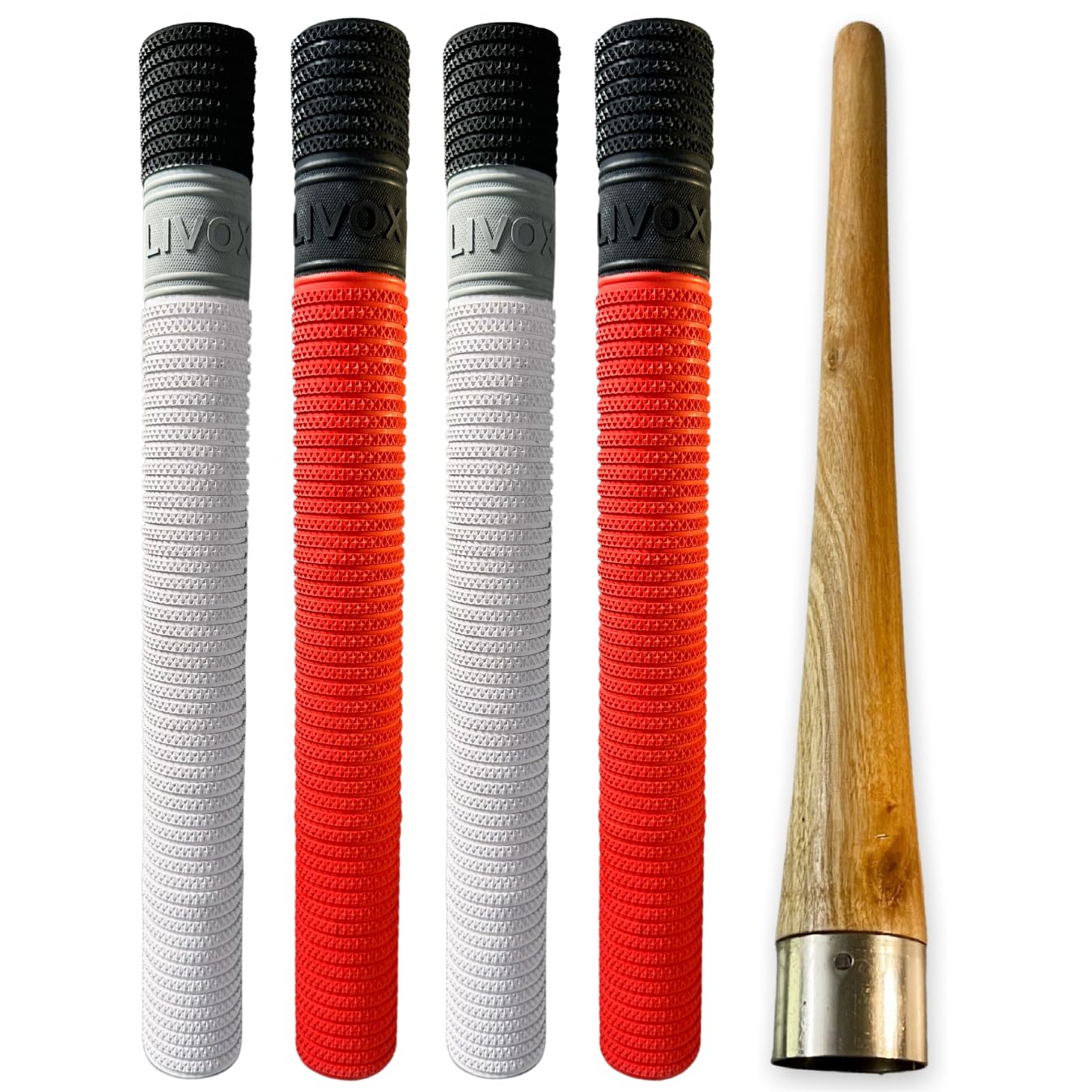 LIVOX Rubber Cricket Bat Handle Grip Cone Mix Design Soft Comfortable for Better Shock Absorption Bat Gripper Cone Cricket Accessories for Boys Cricket Bat, 1 Wooden Cone & 4 Bat Grip