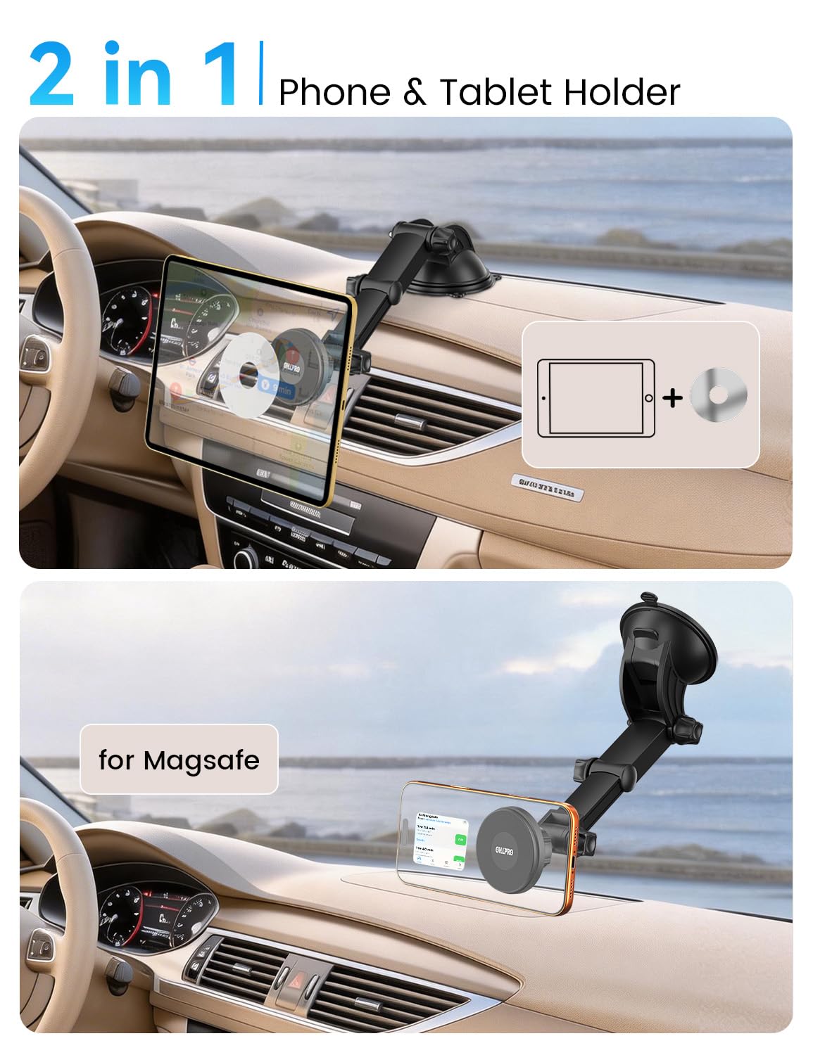 OHLPRO Magnético Soporte Tablet Coche con Ventosa Ultra Fuerte, Soporte iPad Coche Parabrisas y Salpicadero Rotación de 360 Brazo Extensible Compatible con iPad Galaxy Tab Phones y Tablets 4-13