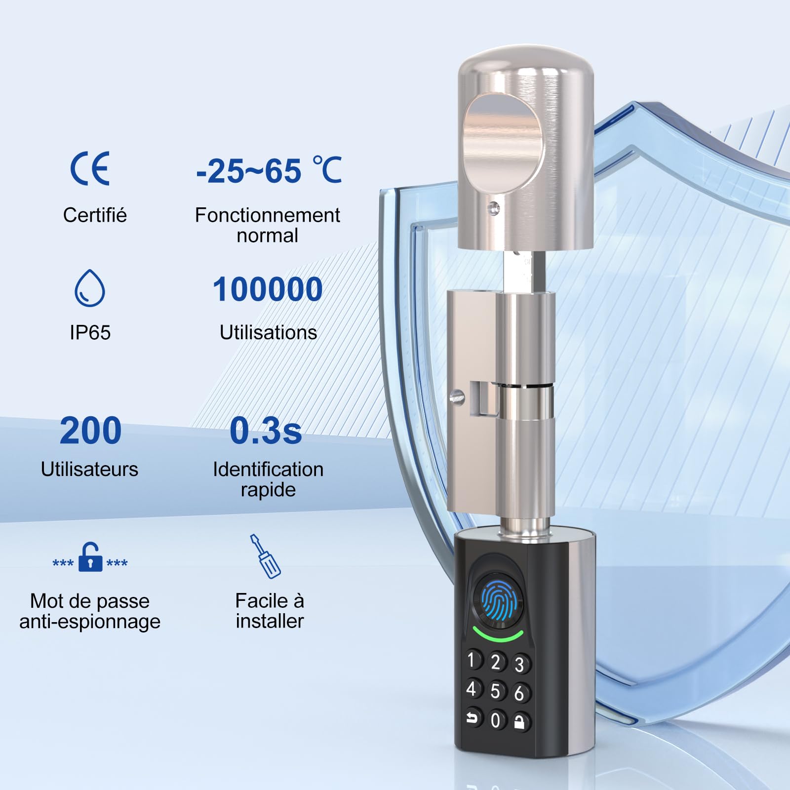 RUILON ToucA71 Serrure connectée à code 32.5x30 Cylindre empreinte digitale | Serrure biometrique avec 3 cartes RFID 2 clés, portes 60-90 mm, Facile à installer, Code temporaire, Airbnb Maison Chambre