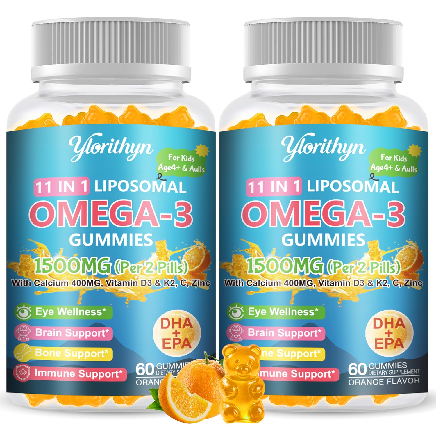 Ylorithyn Ômega-3 lipossomal em gomas com DHA, EPA, cálcio, vitaminas D3, K2, B12 e C 1.500 mg, 120 gomas
