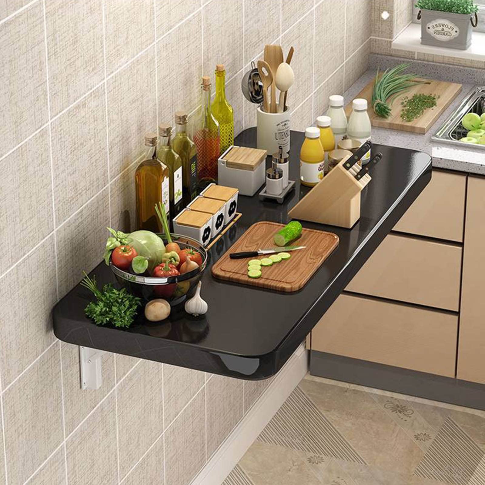 Mesa plegable montada en la pared de madera maciza resistente para comedor y trabajo de 31 pulgadas, mesa plegable negra para cocina, lavandería, hogar, bar, soluciones de ahorro de espacio