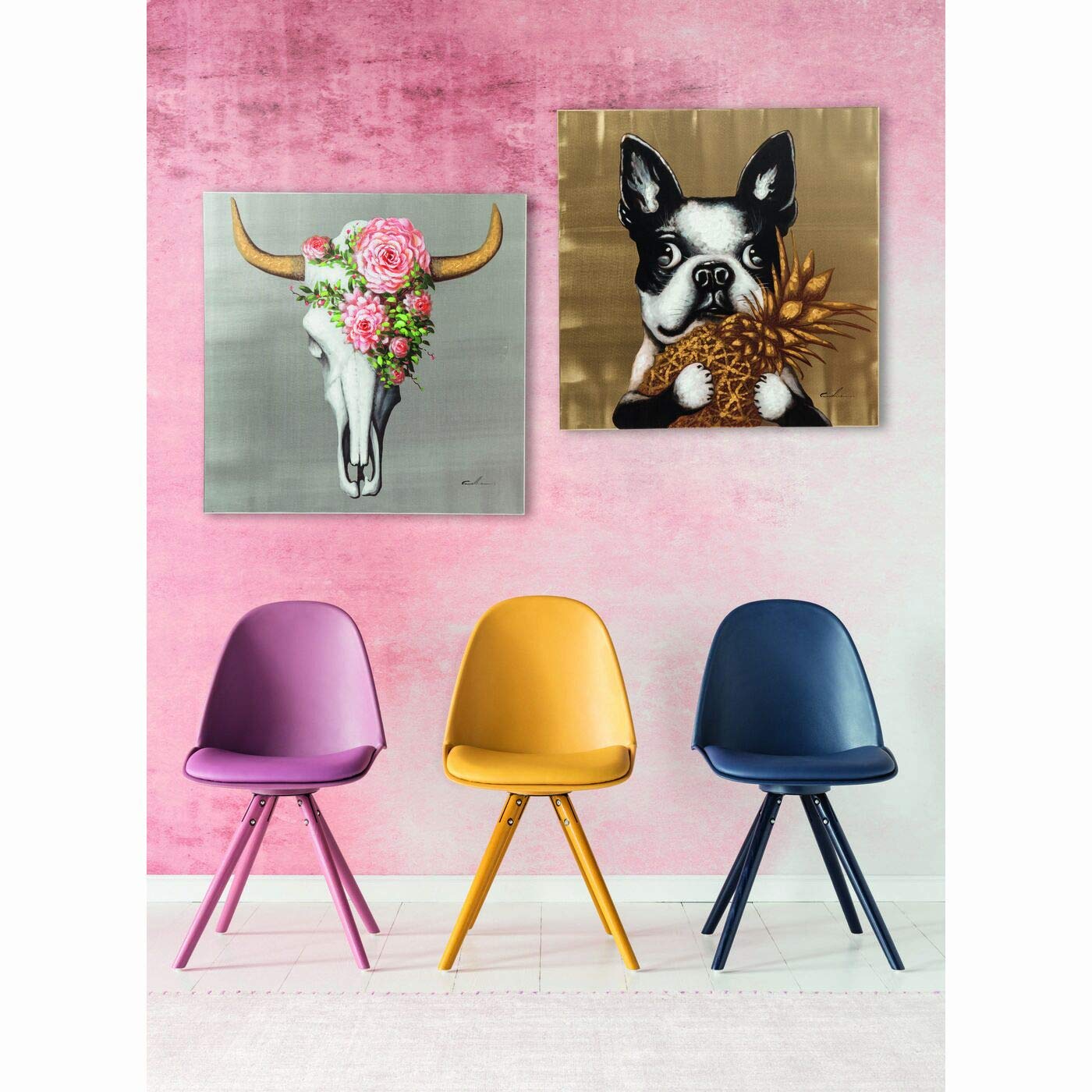Kare Design Cuadro Touched Dog with Pineapple, Oro/Multicolor, Pintura en Lienzo, Perro, Algodón, Marco de Madera de Abeto, Detalles Pintados a Mano, 80x80x4 cm