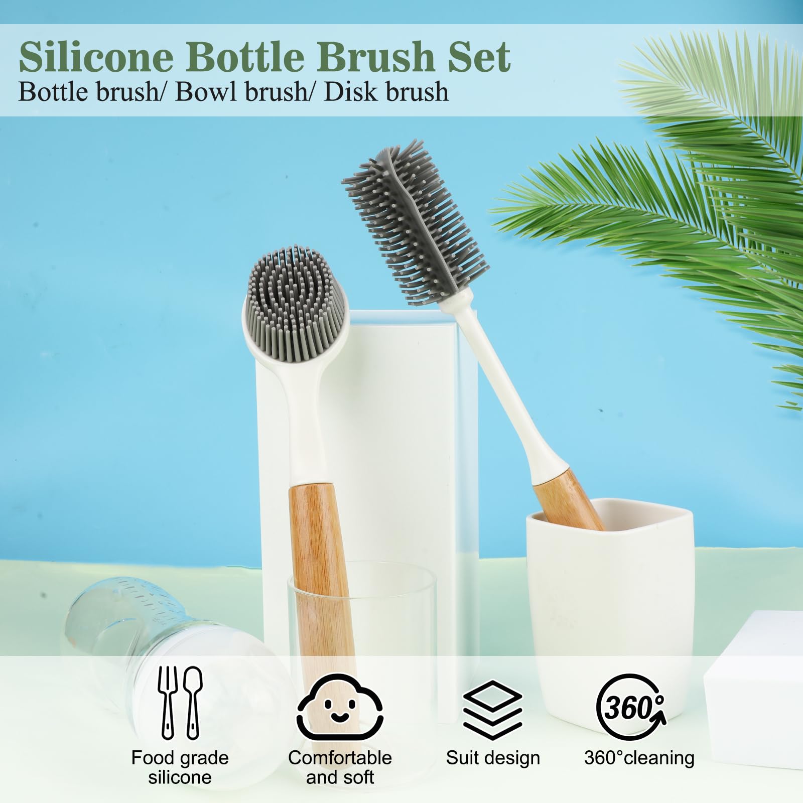 TAGVO Cepillo De Cocina De Silicona 2 Piezas - Mango Largo Antideslizante Y Raspador Incluido, Ideal Para Limpiar Ollas, Platos Y Suelos Sin Rallar