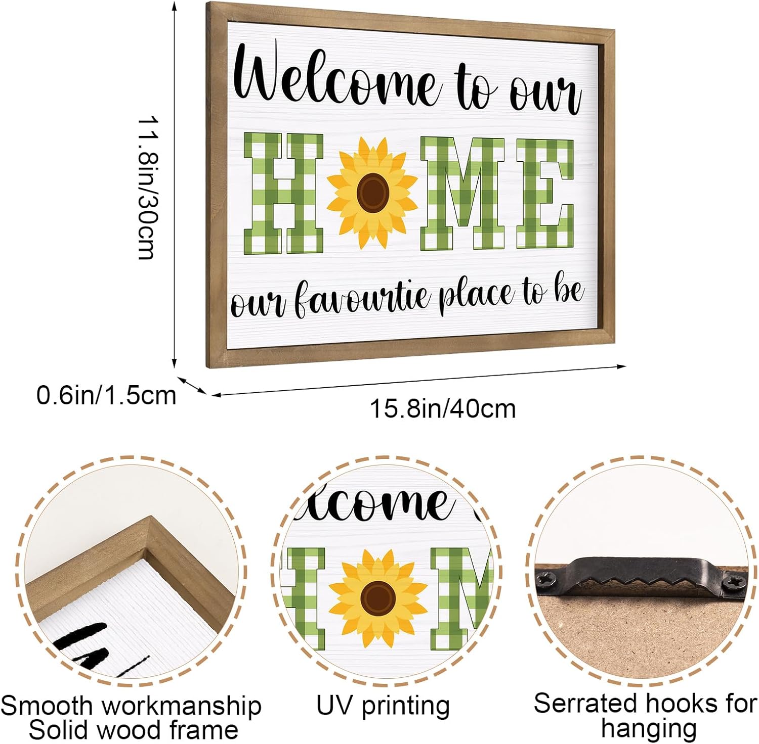 pechpell Summer Outdoor Welcome Sign for Porch, 15.7"×11.8" Wooden Welcome To Our Home Sign, Green Checkered Sunflower Front Porch Wall Decor Outside Garden Patio Rustic Farmhouse Decorations for Home 15.7"L x 11.8"W