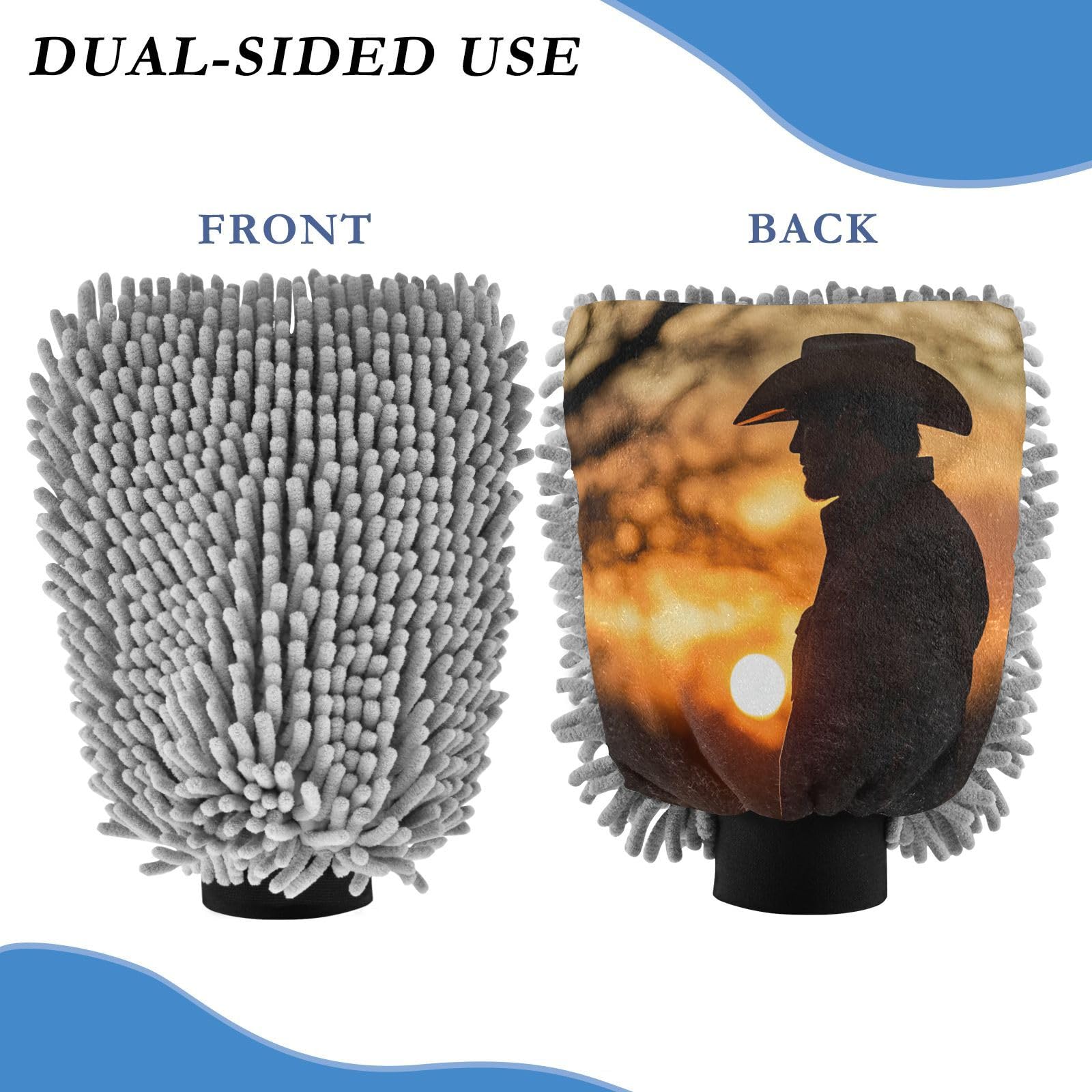 STAYTOP American Cowboy Man Car Wash Mitt Microfiber, 2Pcs Scratch Free Lint-Free, Premium Chenille Microfiber Mitt Car Wash Brush-L