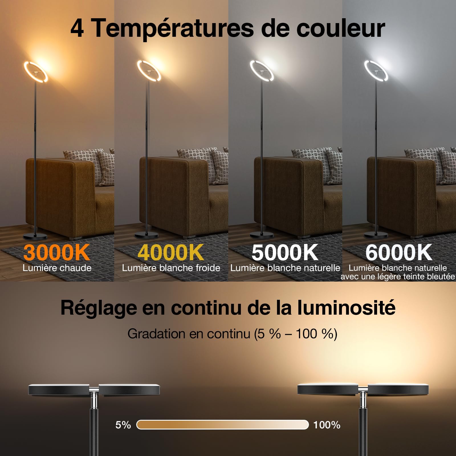 SIBRILLE Lampadaire LED Dimmable Noir Lampadaires Lampadaire 20W Moderne Uplighter avec Télécommande 1300LM 3000K-6000K Blanc Chaud Blanc Froid Lampe de Lecture pour salon, Chambre, Bureau, Hôtel