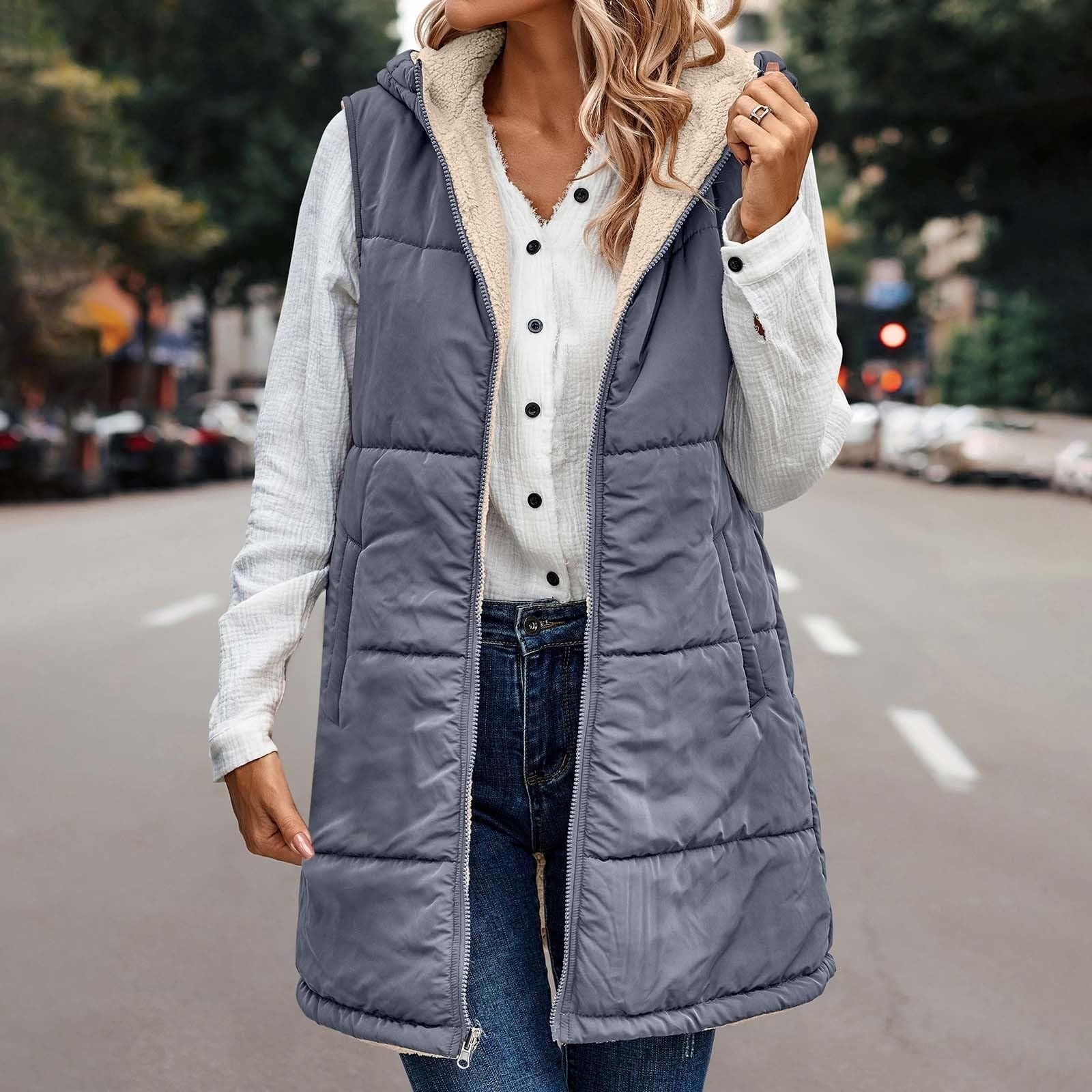 Gilet Réversible À Capuche Sans Manches Pour Veste Doublée En Polaire Avec Poches Fermeture Éclair Complète Vêtements D'extérieur Mode D'hiver Veste Réversible Sans Manches