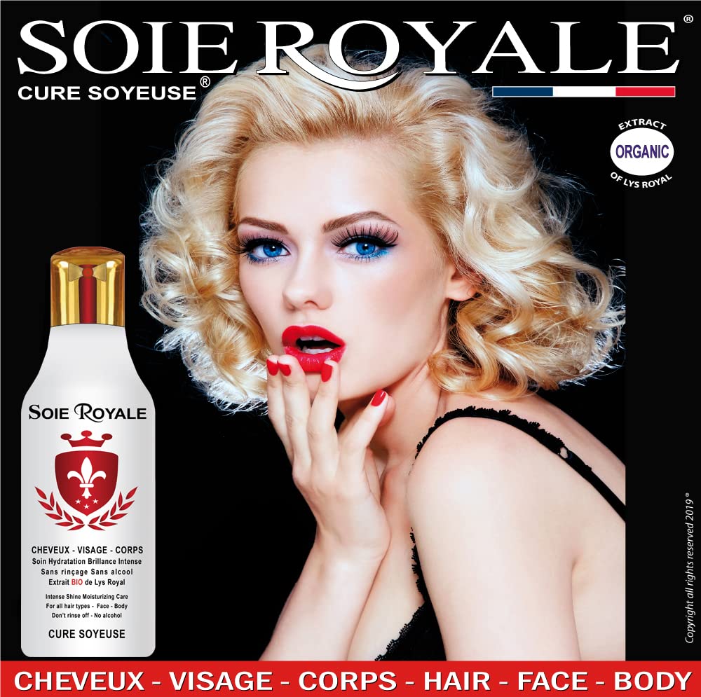 Soie Royale BIO Cure Soyeuse 300 ml Extrait Naturel BIO Fleurs de Lys Royal Protéines de Soie Vitamines EF Sans Alcool Soin Cheveux Visage Corps Nourrit Hydrate Démêle Lisse avec une Brillance Intense