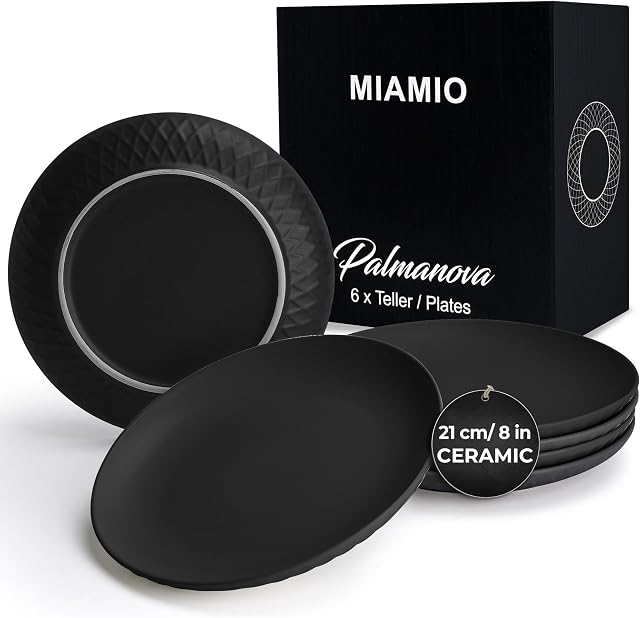 MIAMIO  Plates Set of 6 / Modern Plate Set Made of Ceramic/Stoneware - Palmanova Collection (21 cm, Black)