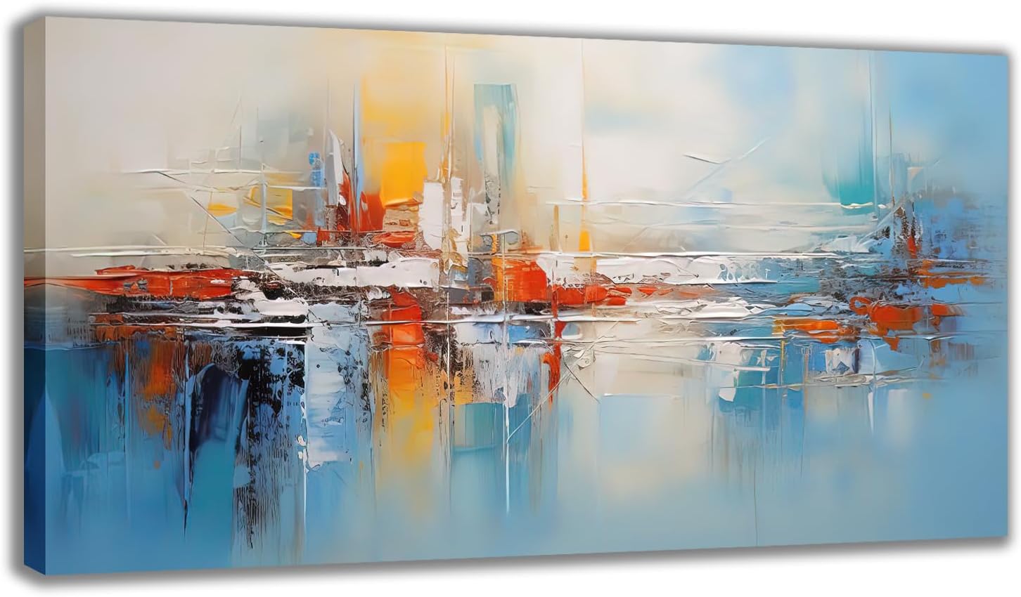 Abstract Canvas Wall Art, Yellow Blue Red and White Oil Painting Poster Print Modern Minimalist Picture Print for Bedroom Study Decor(Artwork-02, 16"x8")
