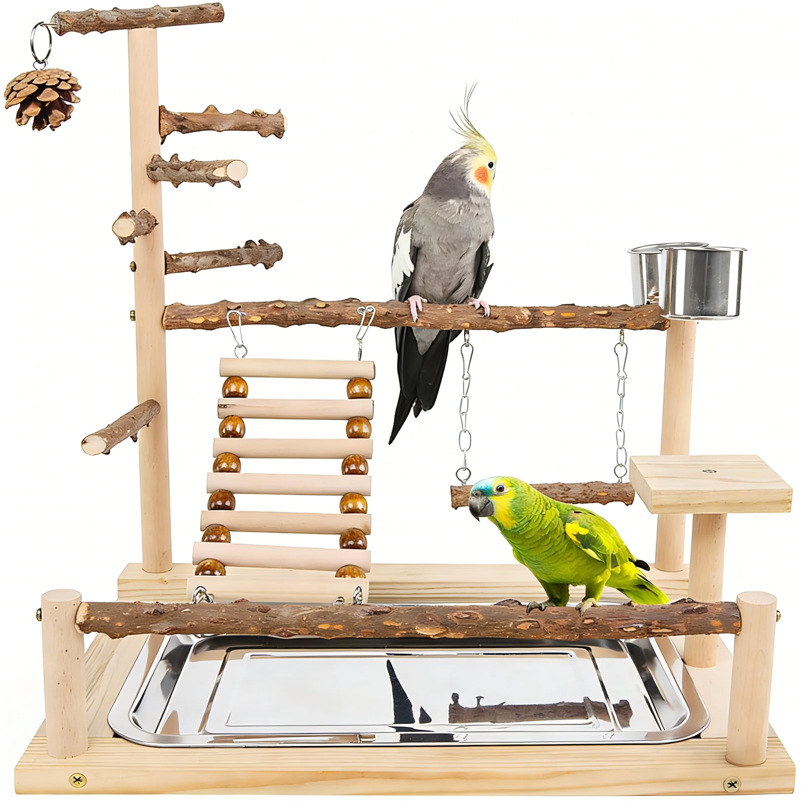 Wooden Bird Playground Parrot Play Stand with Feeder Cups, Swing, Climb Ladder & Tray - Exercise Gym Toys & Training Perch for Parakeets, Cockatiels, Budgies & Small to Medium Birds