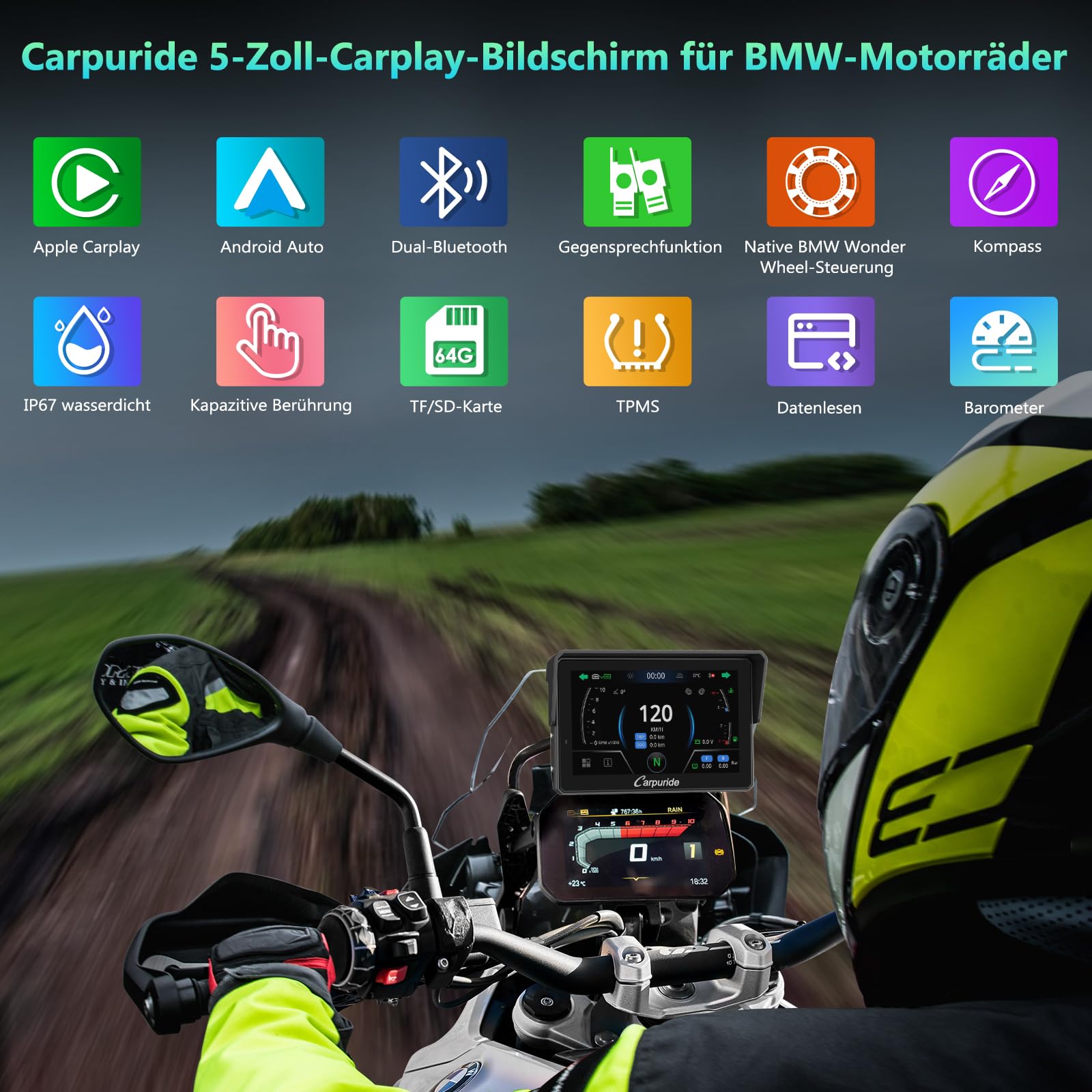 CARPURIDE W502BS Pro für BMW-Motorrad, CarPlay & Android Auto, Dual-Bluetooth, 5 Zoll Wasserdichter GPS-Navigations Bildschirm, Datenablesung, Native Wonder, TPMS, Lichtsensor, Musikfreigabe