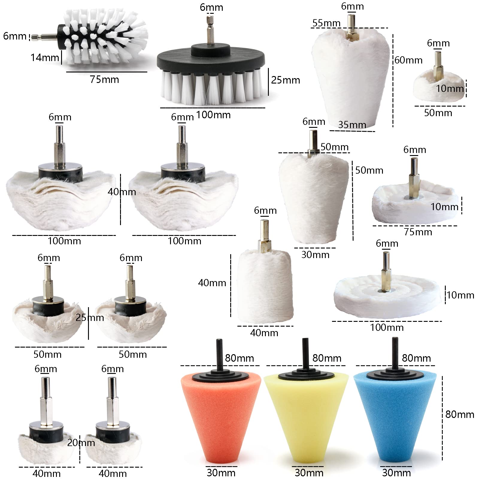 Juego de 17 ruedas pulidoras para taladro para metal de aluminio, acero inoxidable, cromo, madera, plástico, vidrio, cerámica, madera, tela, algodón, joyería, etc