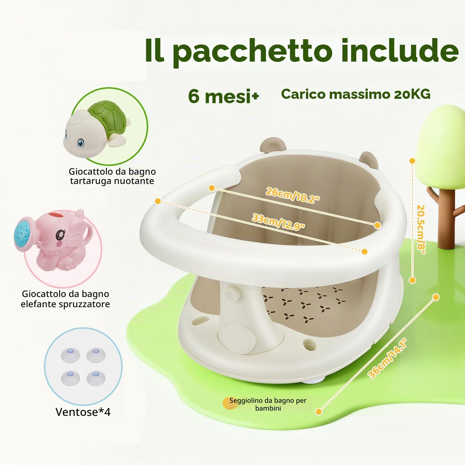 Seggiolino da bagno per bambini dai 6 mesi in su, con 4 ventose forti, schienale ergonomico