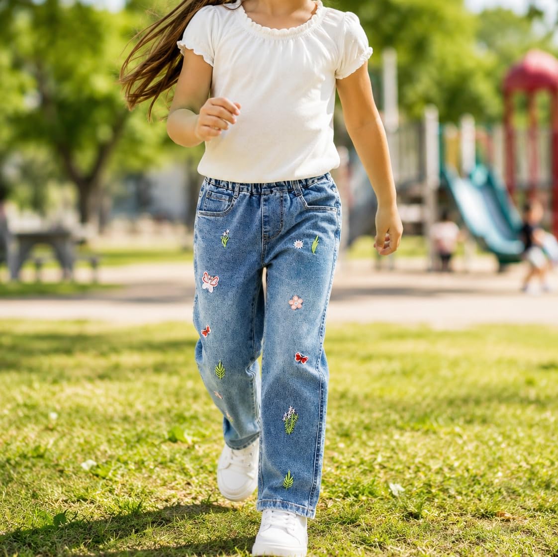 KIDSCOOL SPACE Jean Fille, Ceinture Élastique, Denim Stretch Brodé, Bleu