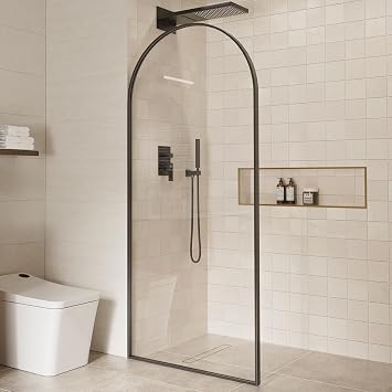 CASAINC Shower Screen, Curved Shower Glass Panel 34 in. W x 78 in. H, Shower Door with 3/8 Clear Tempered Glass, Waterproof Shower Screen for Walk in Shower, Matte Black