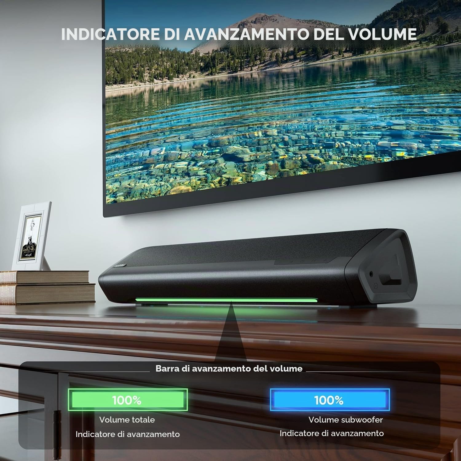 Saiyin 17 Pollici 70W Soundbar con Subwoofer per TV | Home Cinema 2.1 Canali ，Bassi Regolabili, Indicatore di Volume e Ingressi Bluetooth/Ottico/AUX per TV, PC, Proiettore