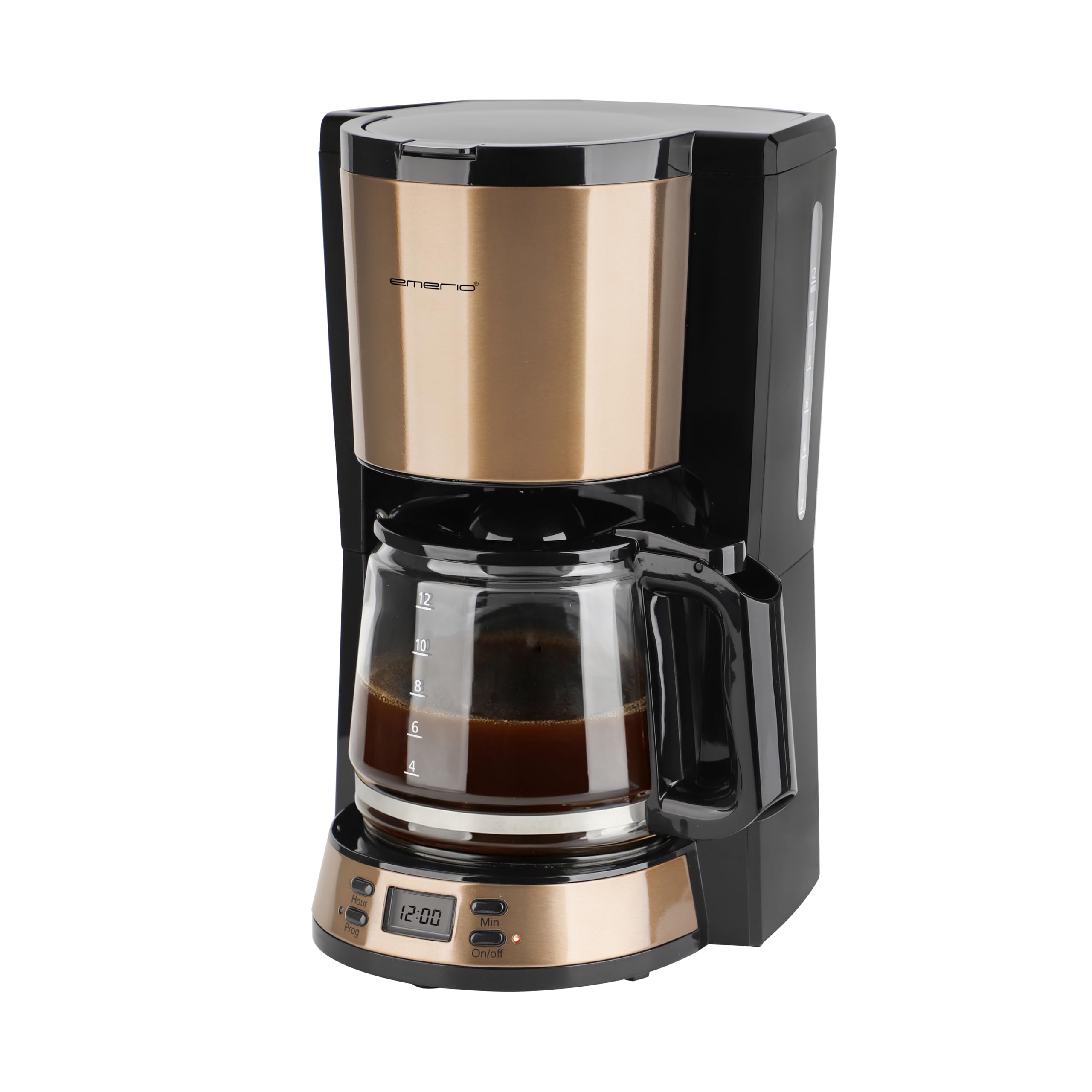 EMERIO Cafetera con filtro con temporizador y pantalla, diseño de cobre, jarra de cristal de 1,5 l para hasta 12 tazas de café fresco, filtro permanente extraíble, función antigoteo, 1000 W, CME