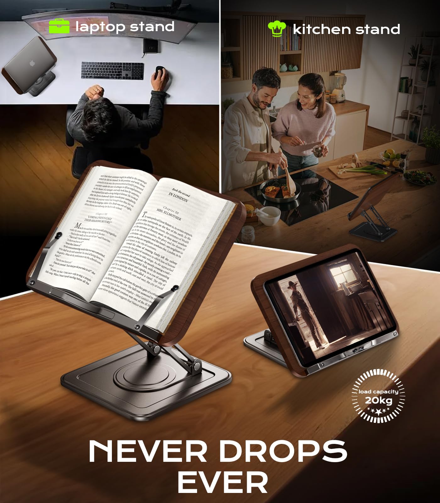 Book Stand for Reading Adjustable Book Holder with 360 Rotating Bases Ergonomic Cookbook Stand Recipe Book Holder with — view 4