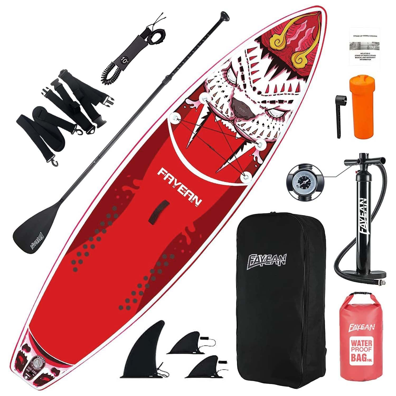Inflatable Stand Up Paddle Board, Fayean 10.6' x 33"x 6" Thick SUP ISUP Board Includes Pump, Paddle, Backpack, Coil Leash Waterproof Case Tiger(Red)