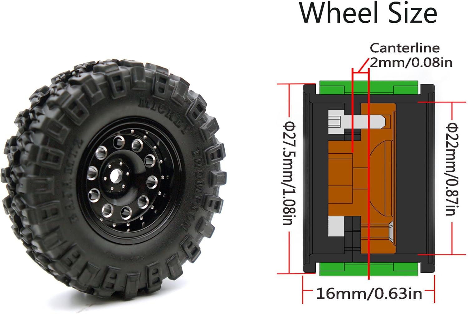 Rc 1.0 Beadlock Wheel Tires Set -2mm Offset Wheel Rims for 1/18 1/24 RC Crawler Car Axial SCX24 AX24 TRX4M FCX24 Upgrade TW1002 (Black)