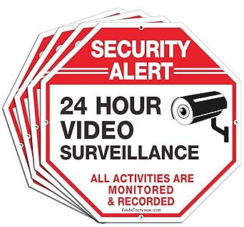Video Surveillance Signs, Security Signs,Octagon 12 x12 Inches 40Mil Thick Aluminum Reflective Sign for Home Business CCTV Security Camera, UV Protected & Waterproof, 4 Pack
