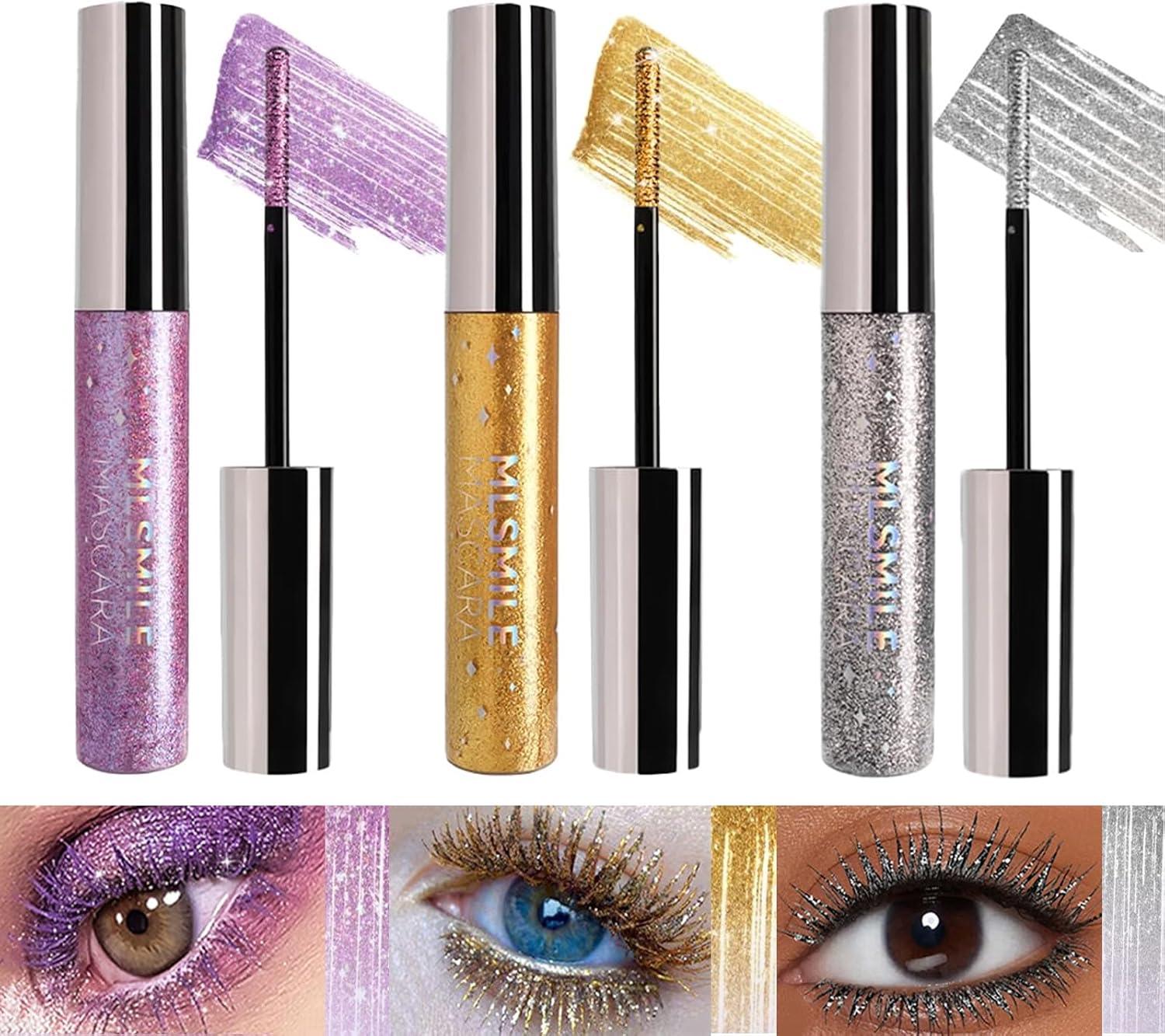 3 Pieces Glitter Mascara, Silver Purple Eyelashes Waterproof Long Lasting Diamond Glitter Eyelashes Stage Party Wedding Music Festival Eye Makeup