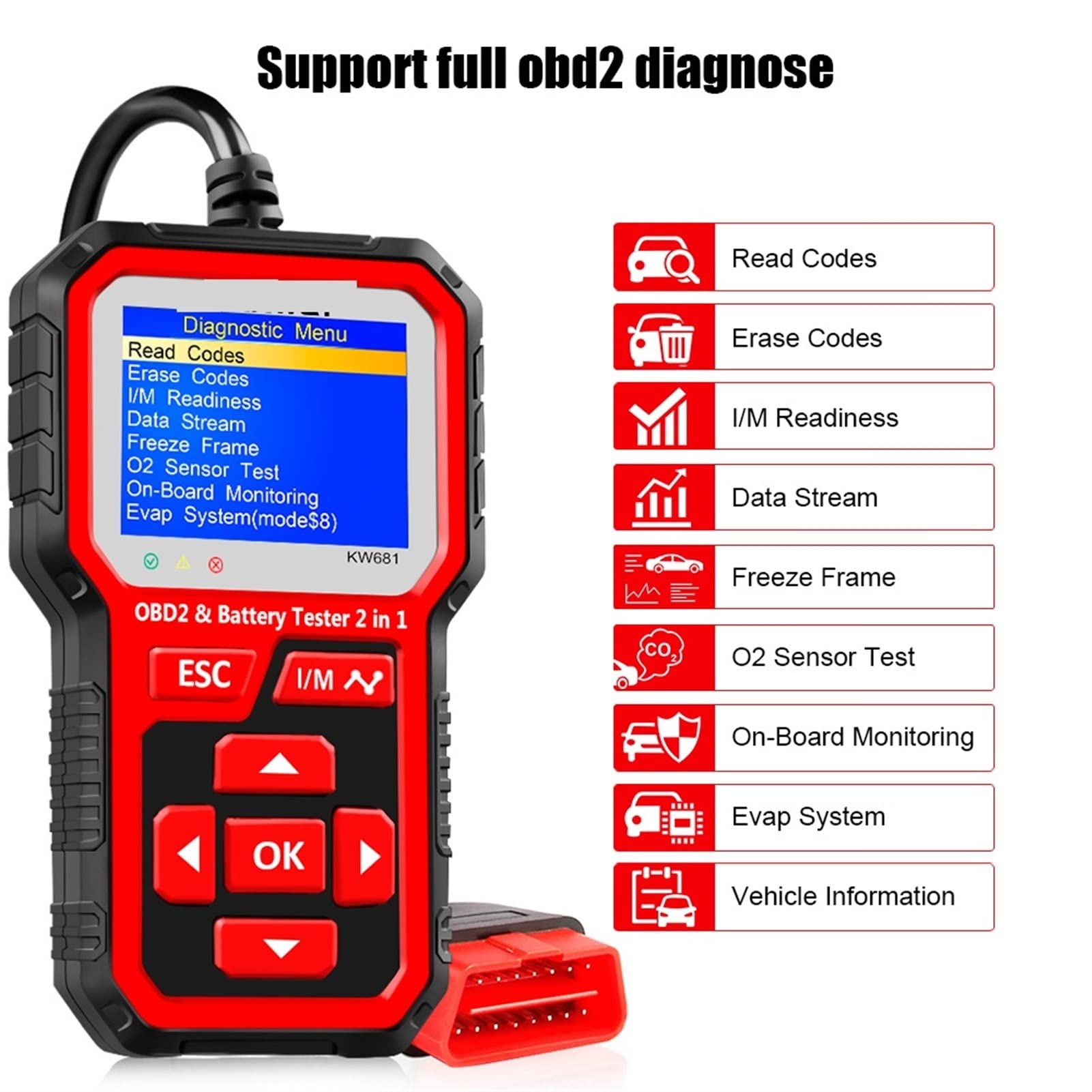 Batterietester, KW681 6V 12V. Auto Motorrad Batterieprüfgerät Auto-Diagnosewerkzeug 2 in1 2000 CCA Auto OBD2. Scanner Full. OBD 2. Funktion