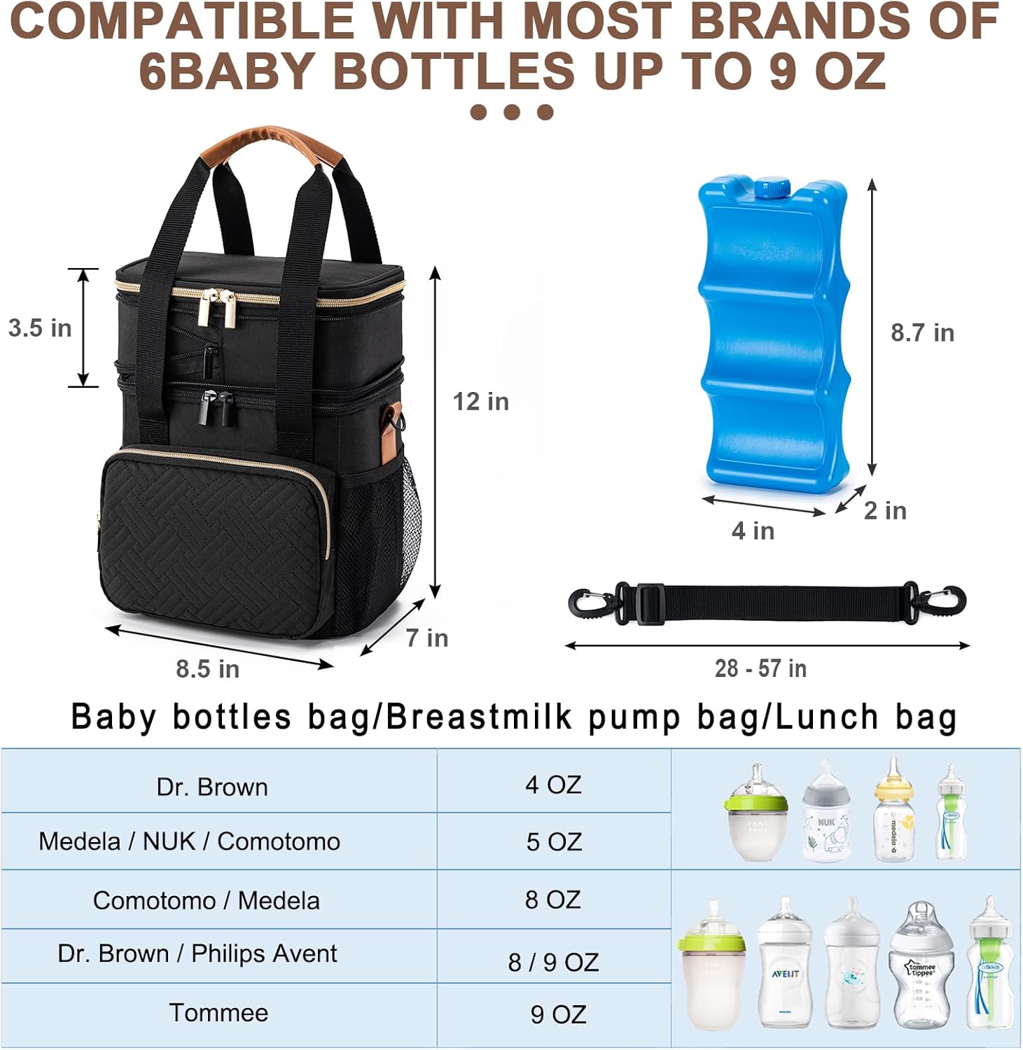 Breastmilk Cooler Bag with Ice Pack Fits 6 Baby Bottles Up to 9 Ounce, Expandable Double-layer Leak-Proof Cooler Bag with Shoulder Strap for Nursing & Working Mom, Black - Image 4