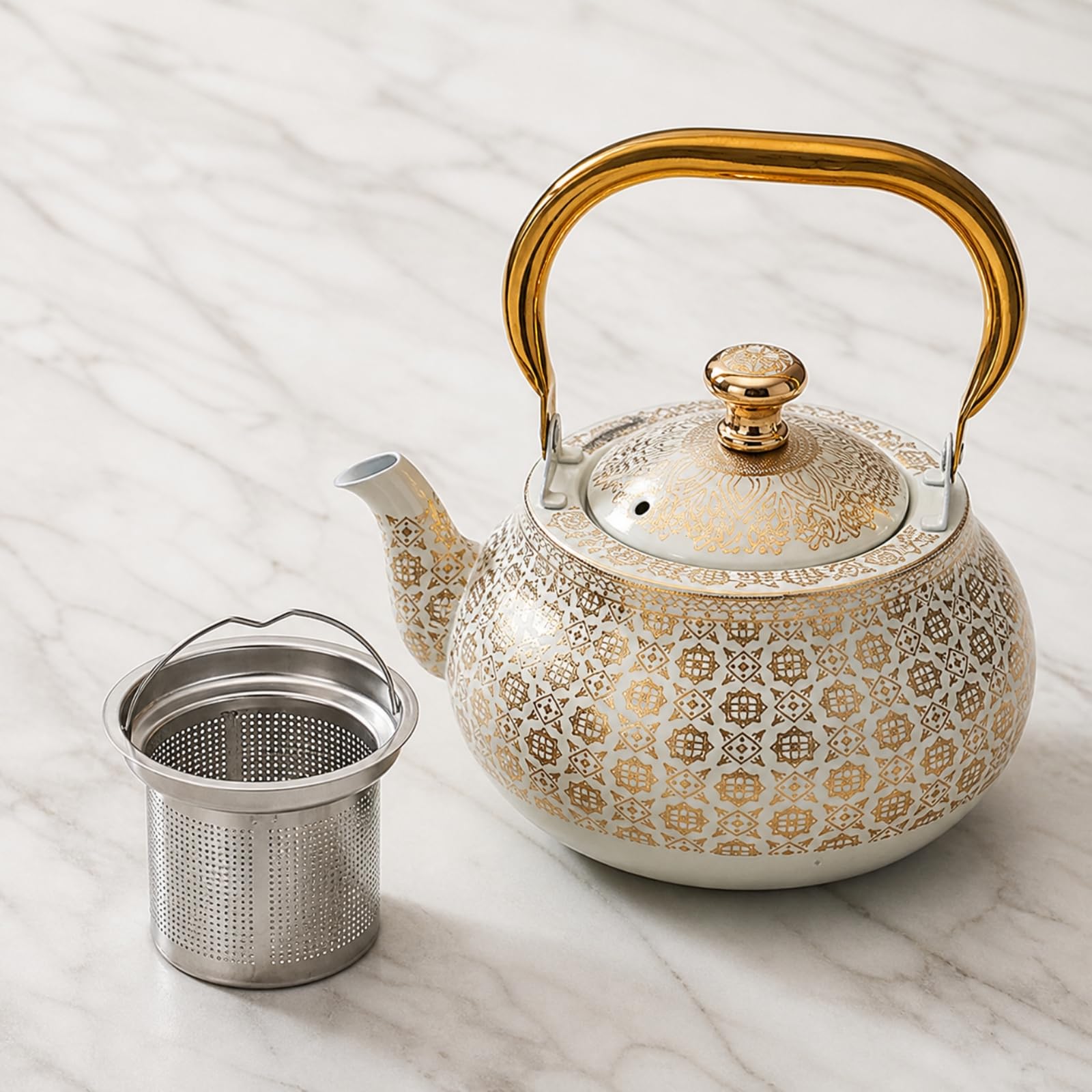 Tetera Acero Inoxidable con Filtro Té Integrado Acabado Horneado a Alta Temperatura y Asa Arqueada para Ceremonias Té y Uso Diario en Cocinas Elegantes, 1.5L
