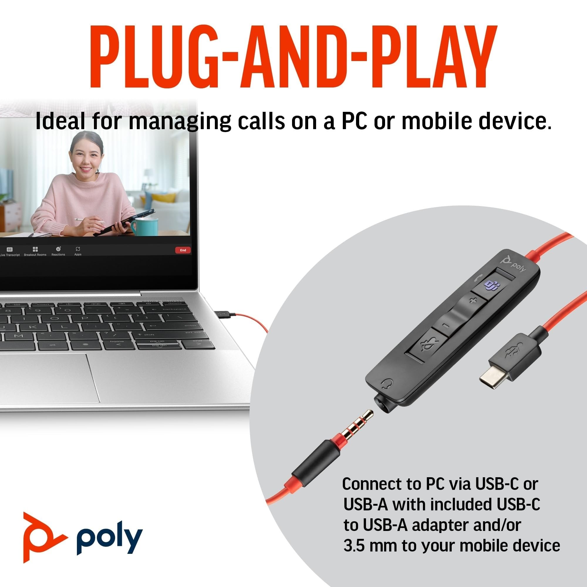 Poly (Plantronics + Polycom) Blackwire, 3325, Bw3325-M USB-C, adapter USB C/A, Ecomm