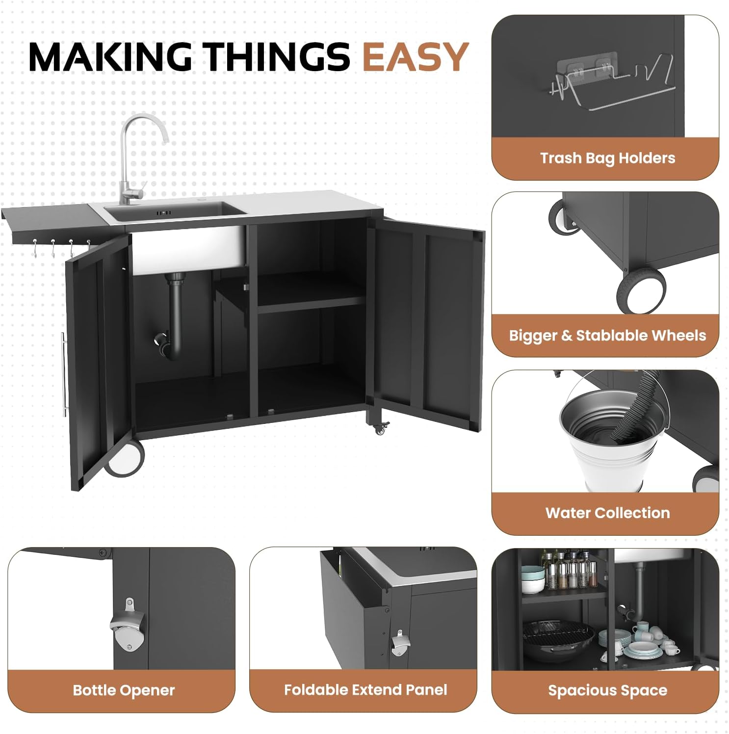 Outdoor Kitchen Sink with Hose Hook up, Stainless Steel Prep Table Kitchen Island, Rolling Pizza Oven Stand BBQ Grill Table for Garden, Backyard and Lawn