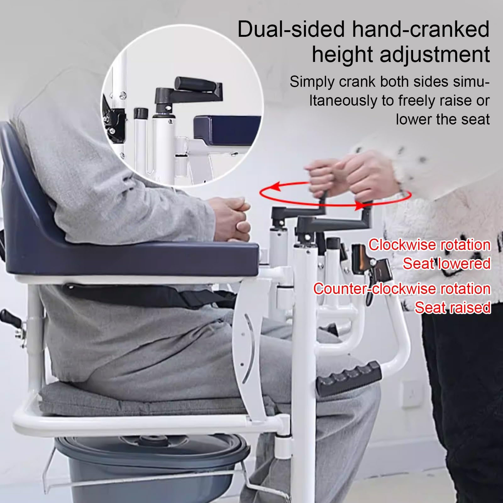 Manueller Patientenlifter mit 180° Geteilter Sitzfläche, Patient Höhenverstellbare Transportrollstuhl für Zuhause, Wohnzimmer, Schlafzimmer, Esszimmer und Badezimmer