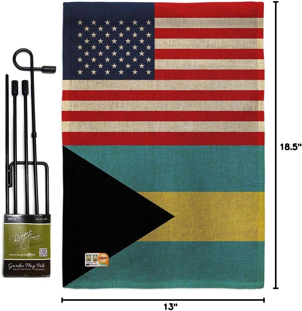 Bahamas US Friendship Burlap Burlap Garden Flag Set with Stand Regional USA American Alliance World Country Particular Area Small Decorative Gift Yard House Banner Double-Sided Made In 13 X 18.5