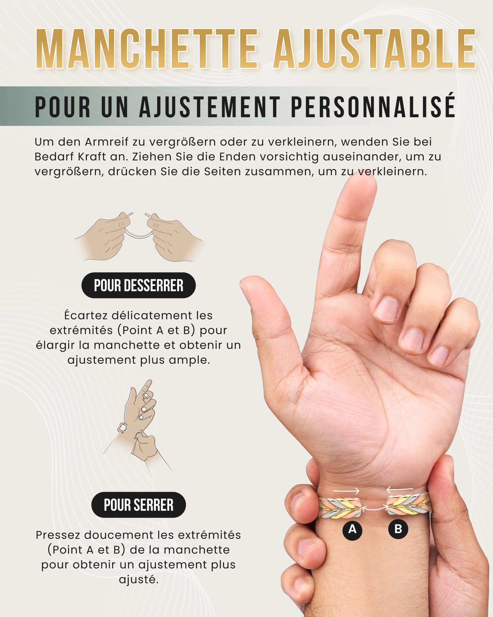 MagnetRX® Bracelet En Cuivre Tissé- 6 Aimants Puissant (3500 GAUSS Par Aimant) Bijou Aimanté En Cuivre - Manchette Réglable (Tri-color | M/L)