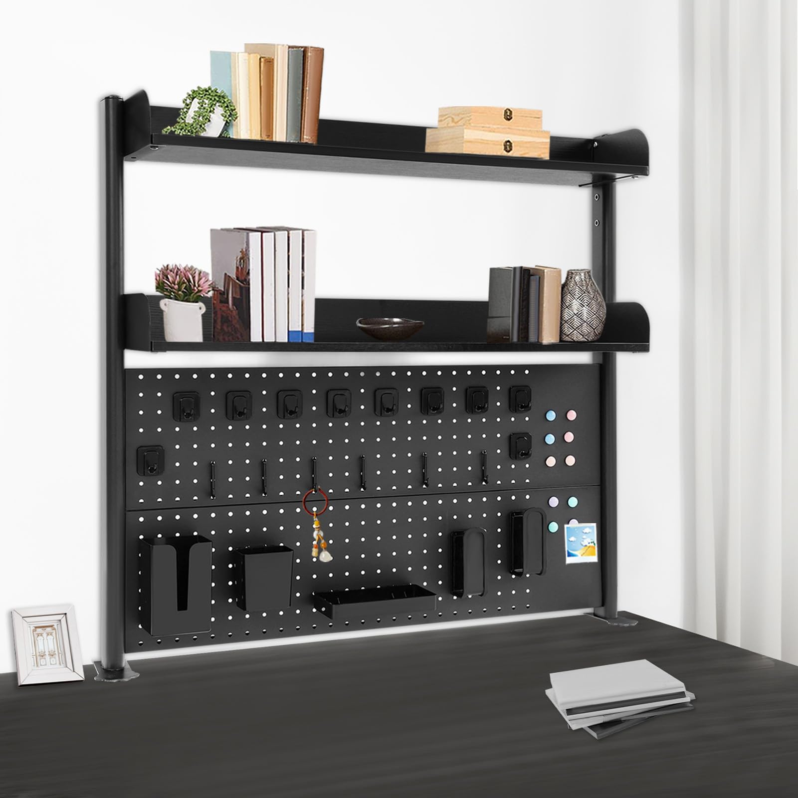 Klemmbare Schreibtisch Regal, 2 Ebenen Büro Computertisch Zubehör Organizer für Büro, Gaming, Zuhause, Aufhängbar, Klemmregal Mit Lochwand (Schwarz, 100x95x12.5cm)