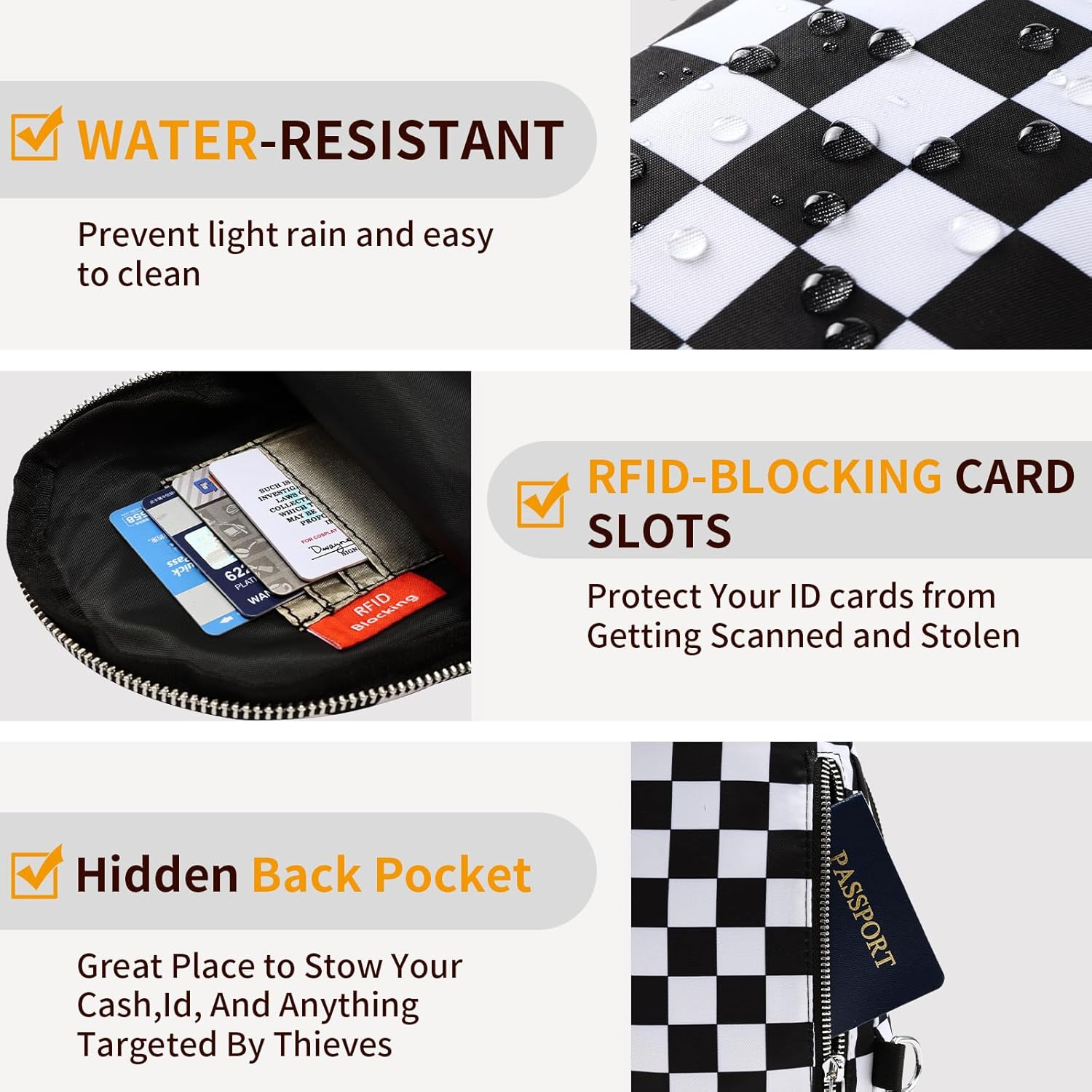 Small Checkered Sling Bag for Women, RFID Crossbody Bags Nylon Sling Backpack Purse for Travel (Black Checkered) - Image 4