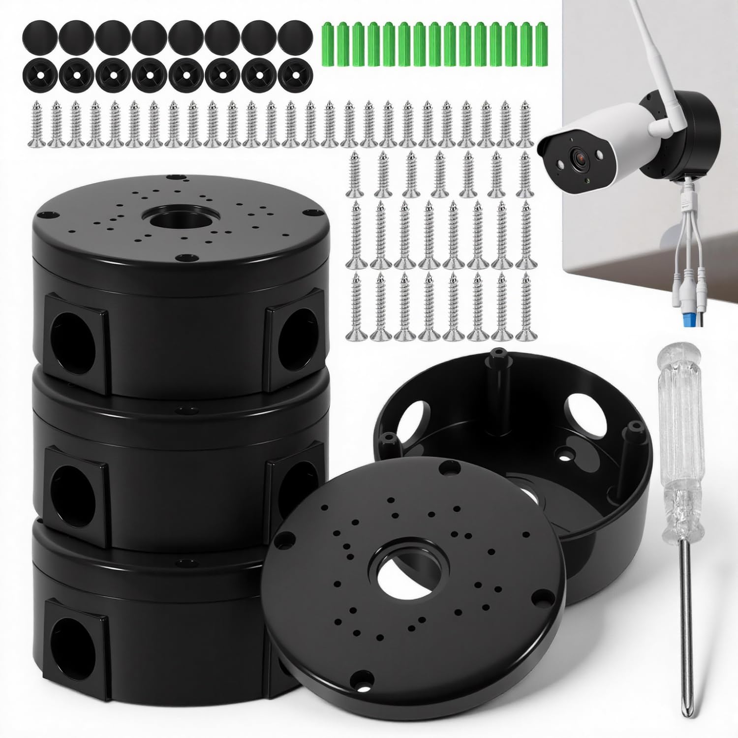 4 Pieza Caja Conexiones Estanca Junction Box de Cámara Caja Estanca Circular Impermeable Estanca con Tornillos y Destornillador Pequeño Apto para Cámaras de Vigilancia en Interiores y Exteriores