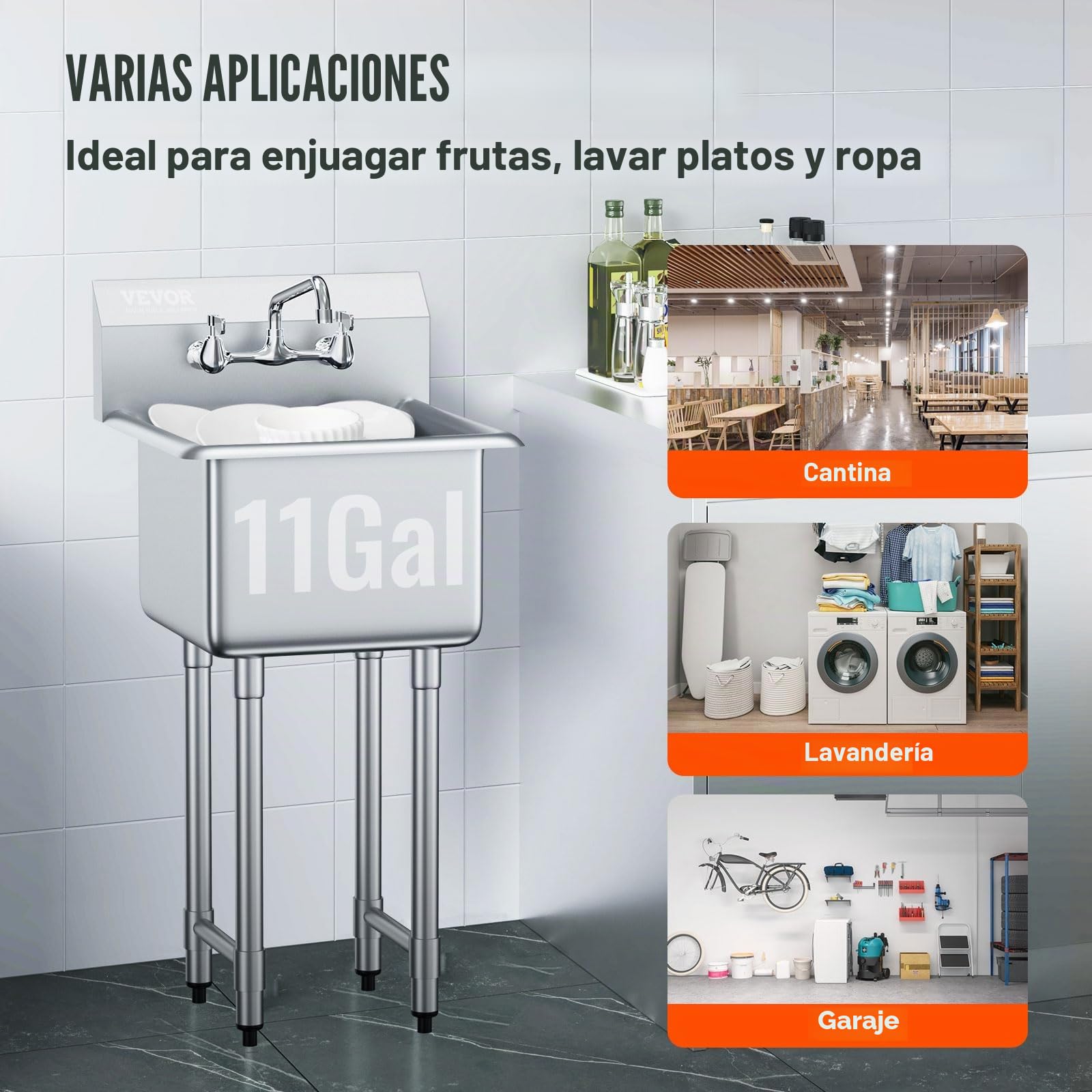 VEVOR Fregadero de Acero Inoxidable, Fregadero de Pedestal Pequeño de 1 Seno, 38x38 cm con Grifo y Patas, Fregadero Comercial para Garaje, Restaurante, Cocina, Lavadero