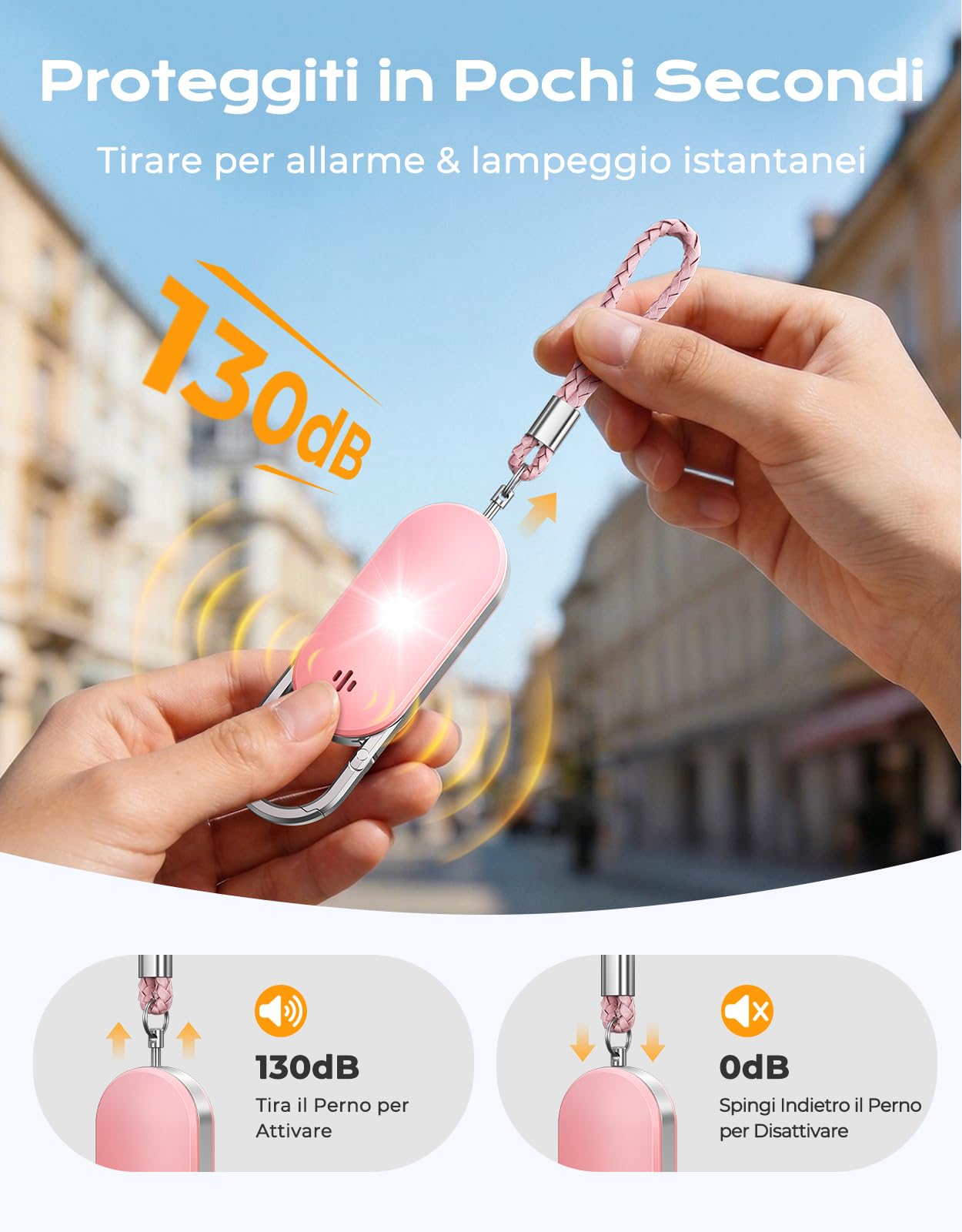 ISEYOU Allarme Personale Antiaggressione, Allarme 130dB Ricaricabile Sirena con LED Luce Stroboscopica Portachiavi Difesa Personale - Dispositivo di Sicurezza di Emergenza per Donne/Bambini/Anziani