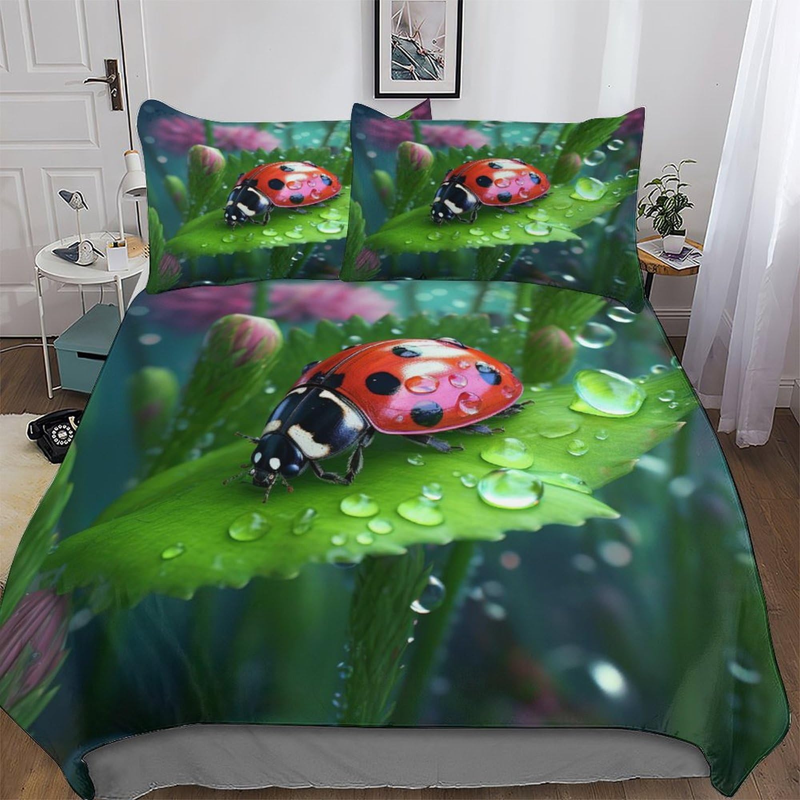 Housse de couette coccinelle 200x200 cm avec ses 2 taies d'oreiller en microfibre douceur
