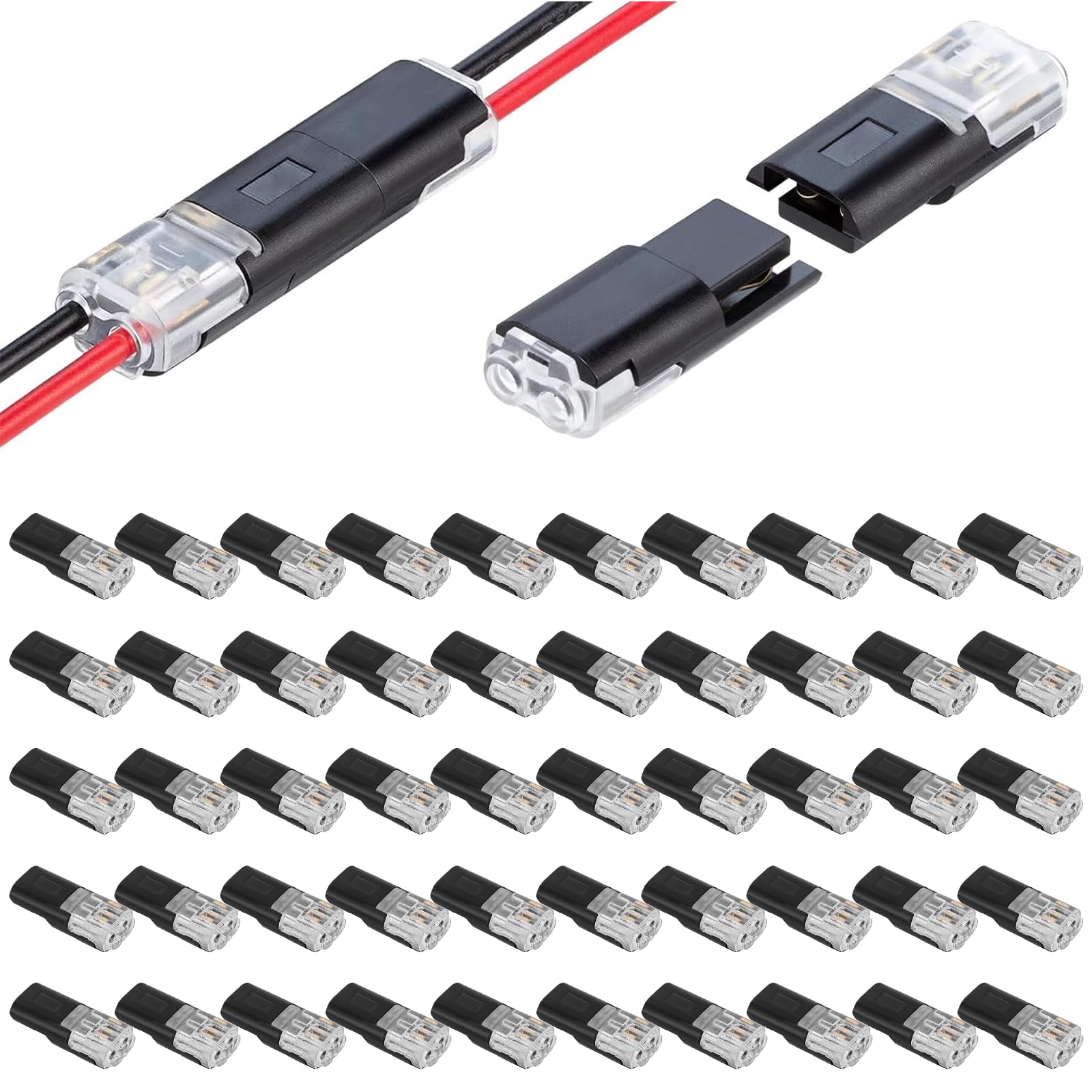 50 Pcs Waterproof Automotive Wire Connectors 2 Pin Push Fit Electrical Cable Connector Kit – Quick Splice 18-22 AWG Solder-Free Terminal Block for Car, Boat, LED Lighting, 12V
