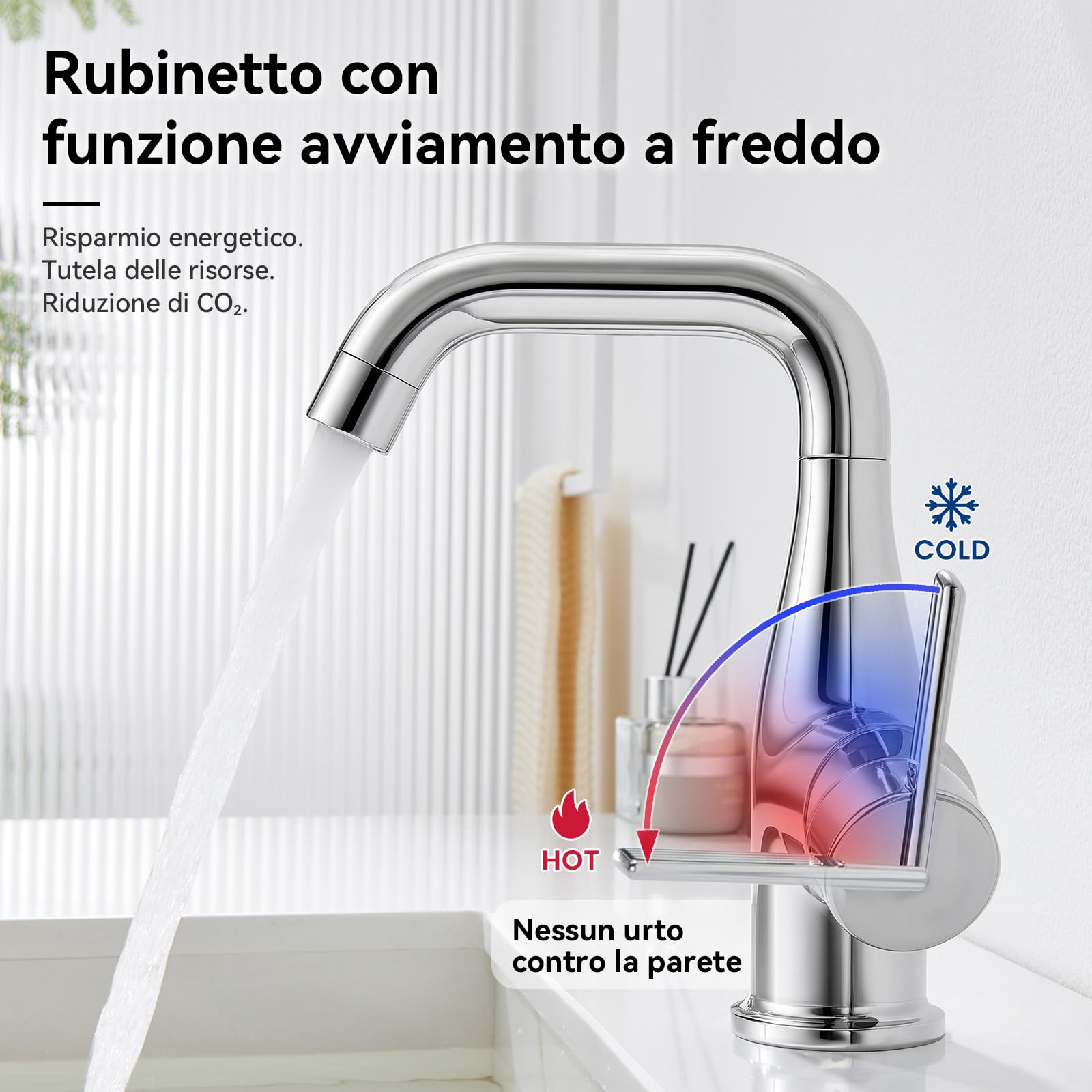 CECIPA Rubinetto Bagno Lavabo con funzione avvio acqua fredda,cromo | Rubinetto bagno girevole a 360°, risparmio energetico e idrico, senza piombo sicuro per acqua calda e fredda