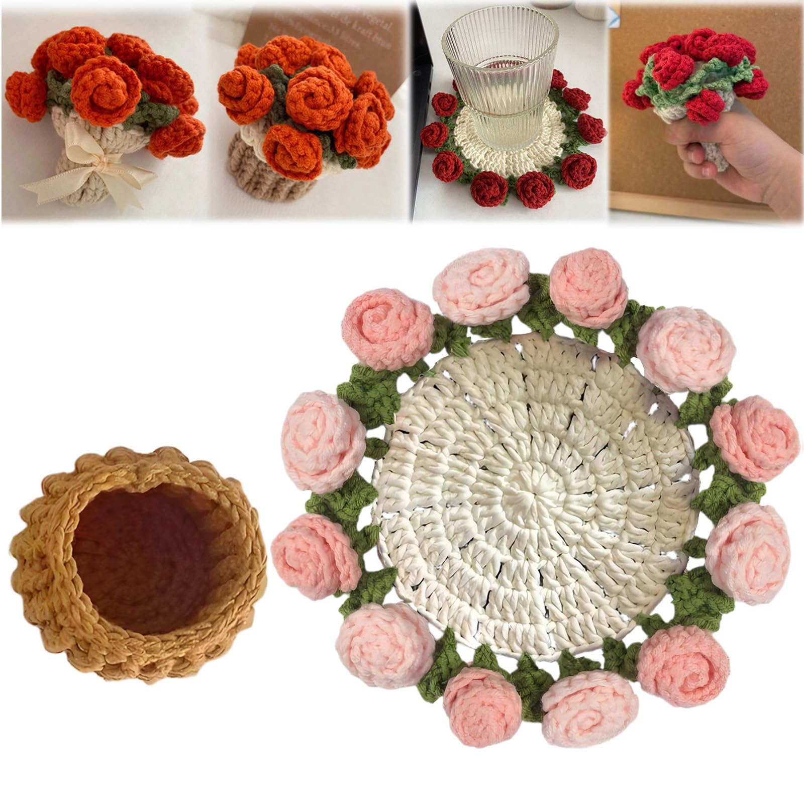 Crochet Flower Bouquet Blanket Coasters, Handmade Knitted Finished Rose Tabletop Potted Flowers,Crochet Rose Romantic Knitted Gift for Girls Mom for Birthday,Anniversary,Valentines,Home Decor,Pink