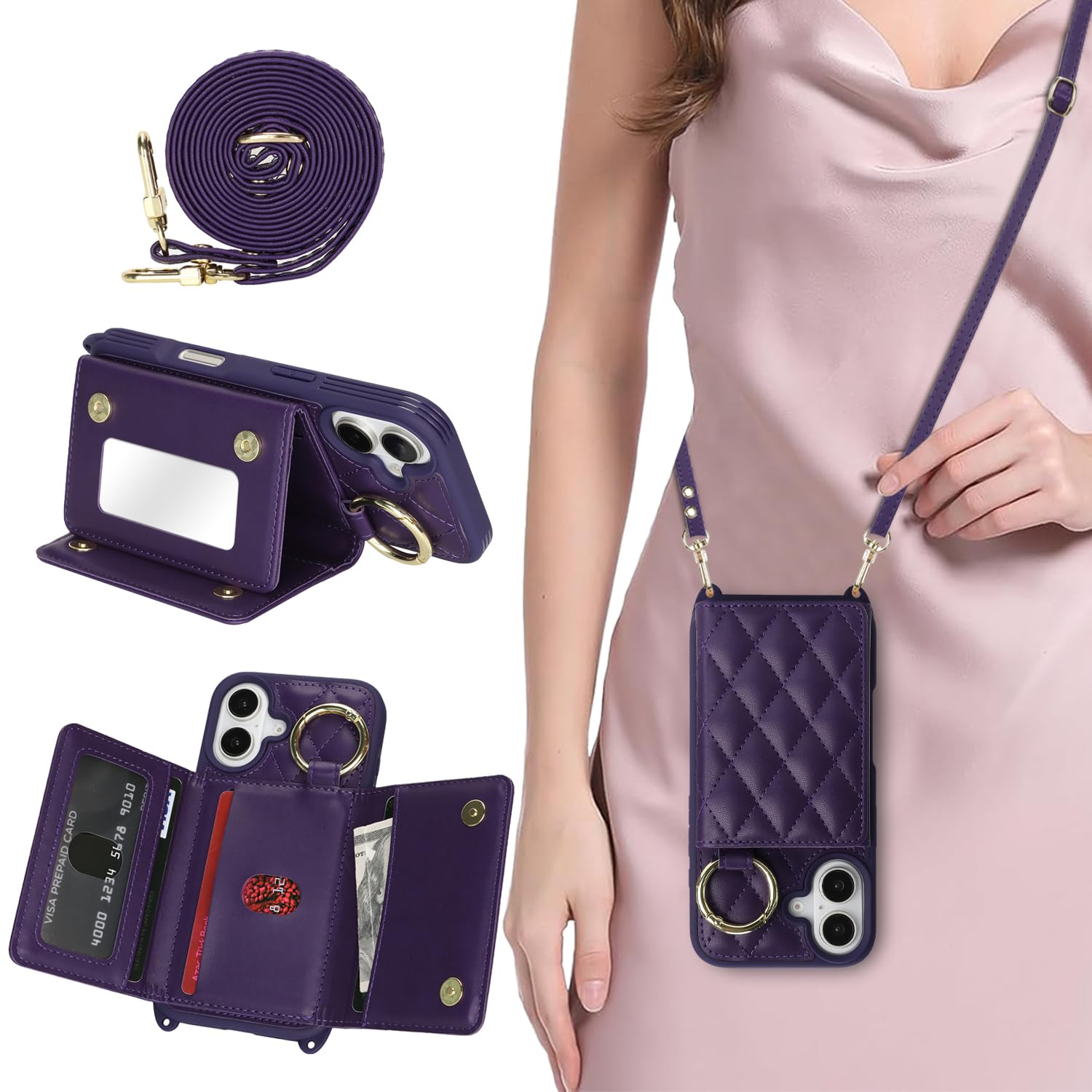 DEYHU for iPhone 16 Case with Card Holder and Strap for Women,Crossbody Lanyard, Make Up Mirror,Ring Stand,Snap Clasp,Cute Phone Wallet Cases 6.1 inch
