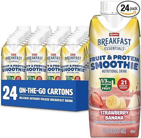 Carnation Breakfast Essentials Fruit and Protein Smoothie Nutritional Drink, Strawberry Banana, 24 – 8 fl oz Cartons