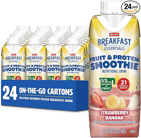 Carnation Breakfast Essentials Fruit and Protein Smoothie Nutritional Drink, Strawberry Banana, 24 – 8 fl oz Cartons