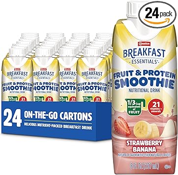 Carnation Breakfast Essentials Fruit and Protein Smoothie Nutritional Drink, Strawberry Banana, 24 – 8 fl oz Cartons