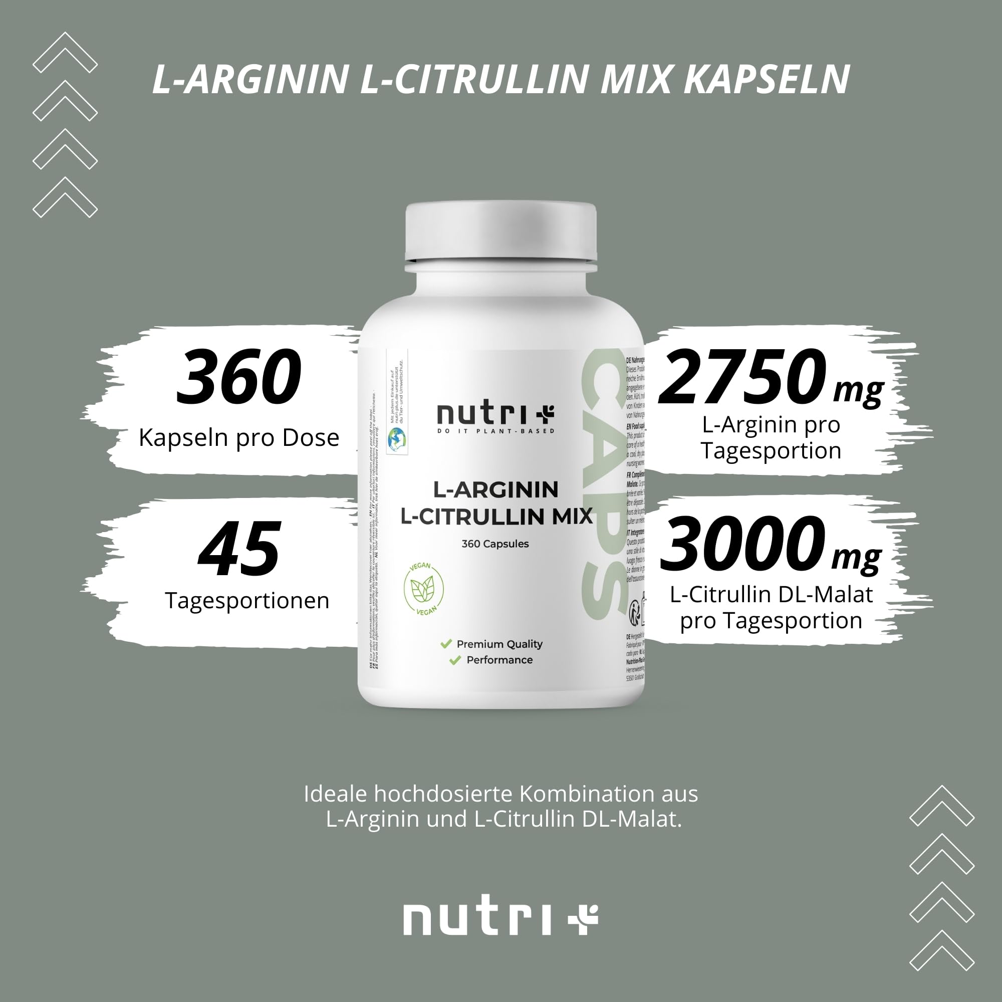 Nutri + Arginin Citrullin Kapseln - 360 Caps hochdosiert + vegan - 3000 mg L-Citrullin Malat + L-Arginin Base - Premiumqualität ohne + Zusätze