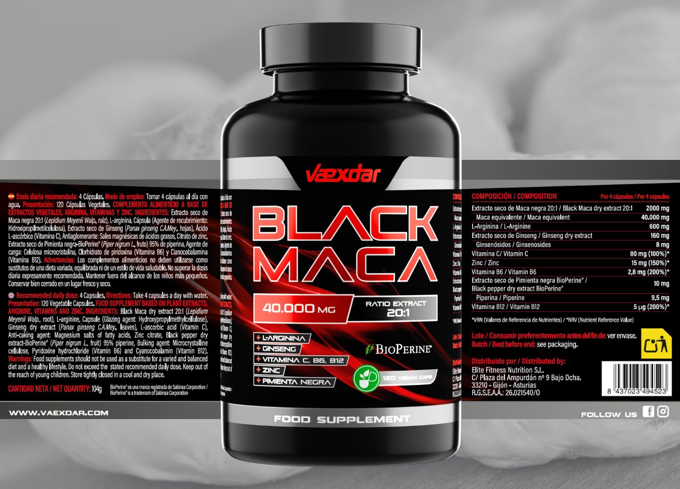 Maca Negra Andina 40.000mg - Extracto 20:1 - Maca Negra Peruana + L-Arginina + Ginseng + Zinc + Vitamina C, B6 y B12 - Alta Concentración - Potencia tu Energía y Vitalidad - 120 Cápsulas - Vaexdar
